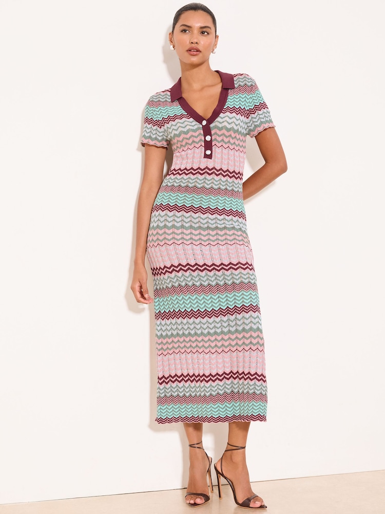 Lipsy Zig Zag Detail Short Sleeve Polo Maxi Dress - Larawan 1 ng 5 Lipsy Zig Zag Detail Short Sleeve Polo Maxi Dress - Larawan 1 ng 5