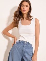 Lipsy Ivory White Frill Detail Ribbed Buttoned Knit Vest Top - Image 1 of 4