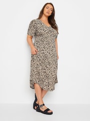 Yours Curve Black Leopard Print Textured Milkmaid Dress - Image 1 of 5