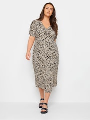 Yours Curve Black Leopard Print Textured Milkmaid Dress - Image 2 of 5