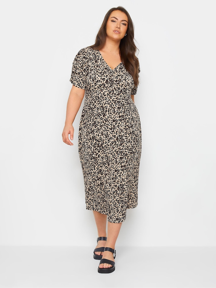 Yours Curve Black Leopard Print Textured Milkmaid Dress - Image 2 of 5