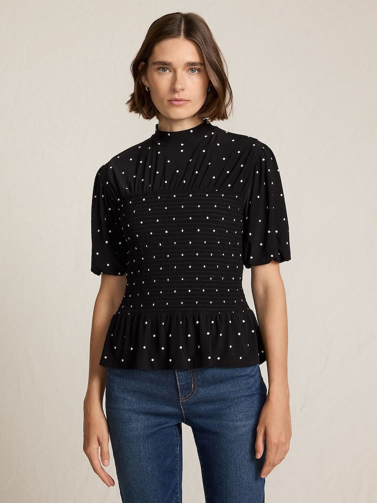 Lands' End Black Puff Sleeve Silky Soft Polka Dot Top - Image 1 of 4 Lands' End Black Puff Sleeve Silky Soft Polka Dot Top - Image 1 of 4