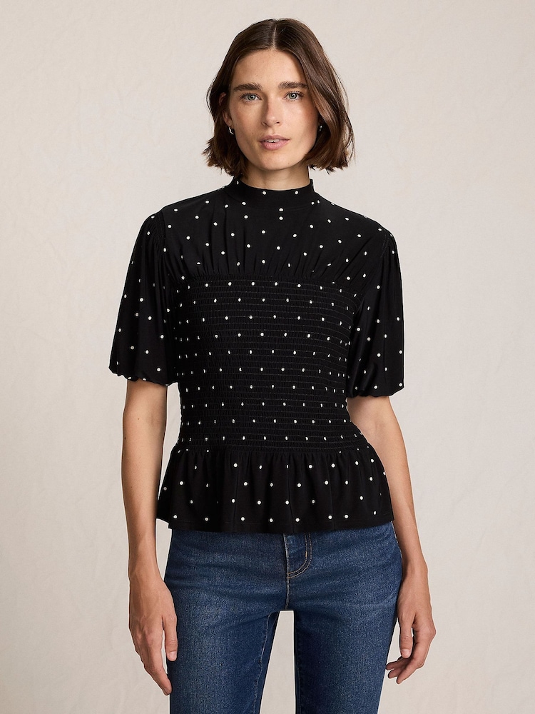 Lands' End Black Puff Sleeve Silky Soft Polka Dot Top - Image 2 of 4 Lands' End Black Puff Sleeve Silky Soft Polka Dot Top - Image 2 of 4