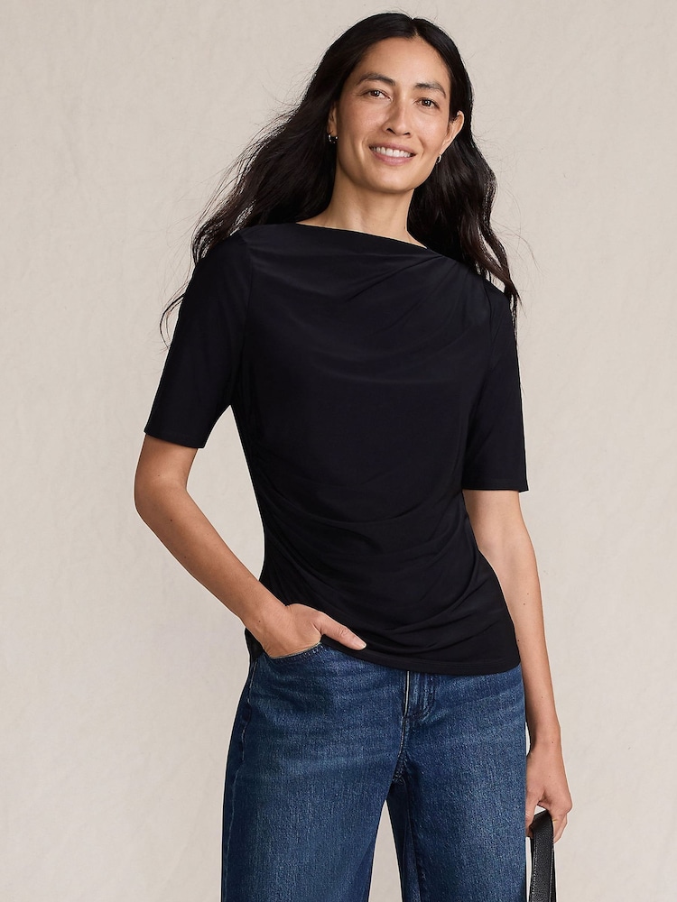 Lands' End Black Elbow Sleeve Silky Soft Side Ruched Top - Image 1 of 5 Lands' End Black Elbow Sleeve Silky Soft Side Ruched Top - Image 1 of 5