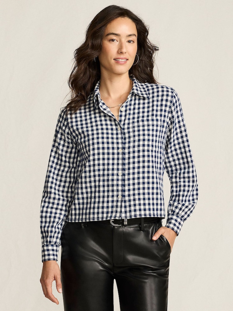 Lands' End Blue Long Sleeve Button Through Cropped Flannel Shirt - Image 1 of 4 Lands' End Blue Long Sleeve Button Through Cropped Flannel Shirt - Image 1 of 4