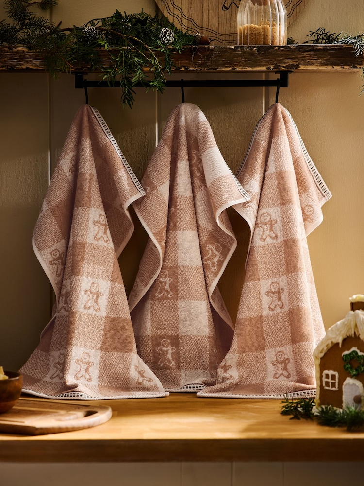 Set of 3 Natural Christmas Gingerbread Terry Tea Towels - Image 1 of 4 Set of 3 Natural Christmas Gingerbread Terry Tea Towels - Image 1 of 4