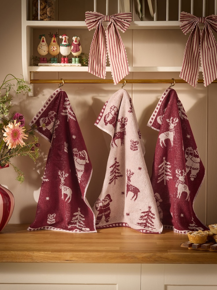 Set of 3 Red Christmas Santa Terry Tea Towels - Image 1 of 4 Set of 3 Red Christmas Santa Terry Tea Towels - Image 1 of 4