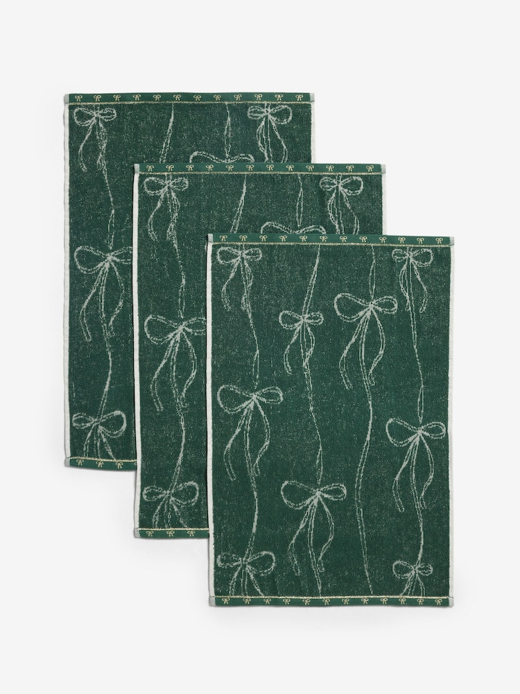 Set of 3 Green Christmas Bow Terry Tea Towels - Image 4 of 4