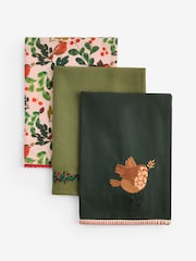 Set of 3 Sage Green Christmas Robin Tea Towels - Image 4 of 4