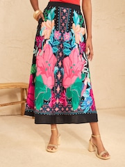 Love & Roses Black Floral Print Midi Skirt - Image 1 of 5