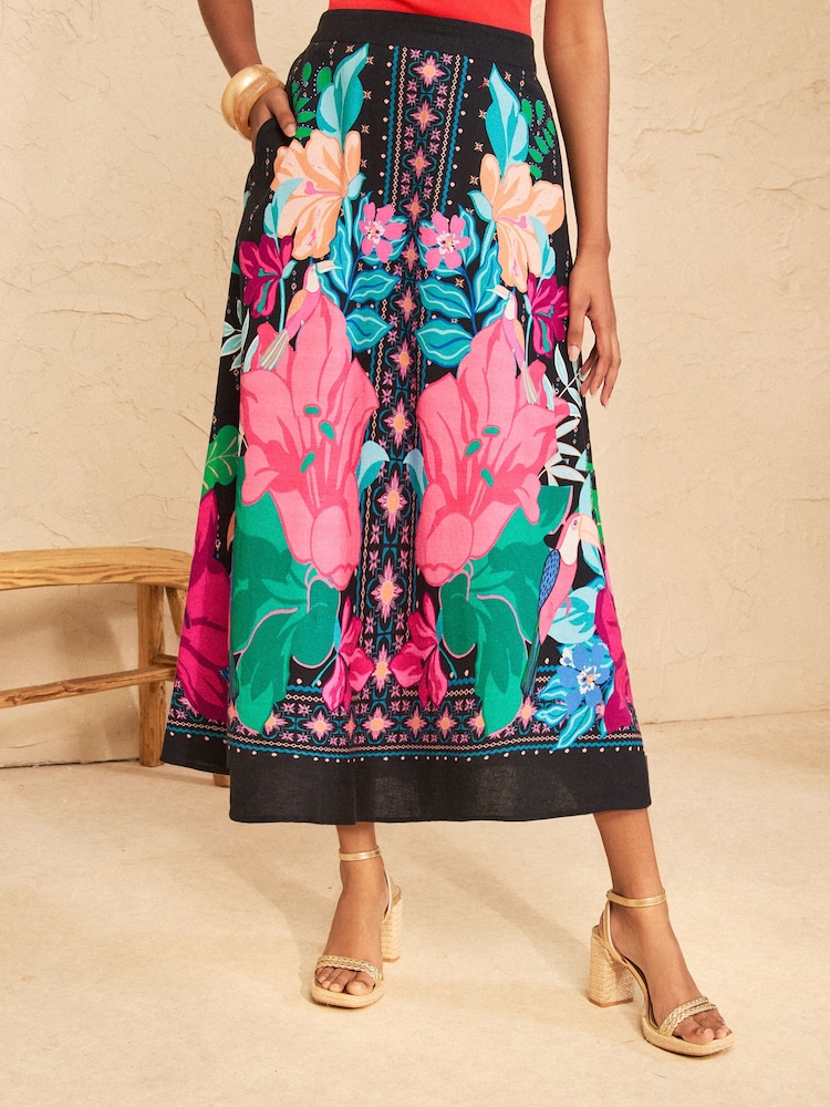 Love & Roses Black Floral Print Midi Skirt - Image 1 of 5