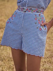 Love & Roses Blue Gingham Embroidered Summer Shorts - Image 1 of 6