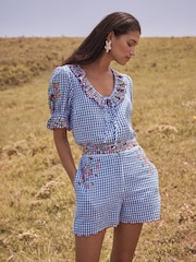 Love & Roses Blue Gingham Embroidered Summer Shorts - Image 2 of 6