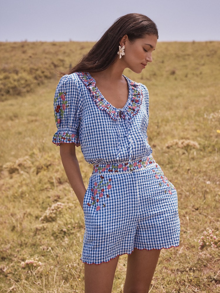 Love & Roses Blue Gingham Embroidered Summer Shorts - Image 2 of 6