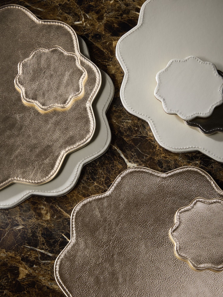 Set of 4 Gold Scallop Faux Leather Placemats and Coasters - Image 1 of 3 Set of 4 Gold Scallop Faux Leather Placemats and Coasters - Image 1 of 3