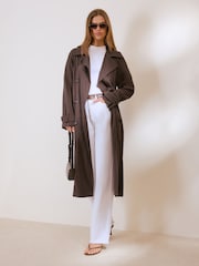 Friends Like These Chocolate Brown Lightweight Linen Blend Trench Coat - Image 1 of 5