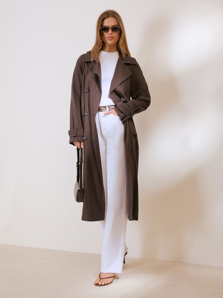 Friends Like These Chocolate Brown Lightweight Linen Blend Trench Coat - Image 1 of 5