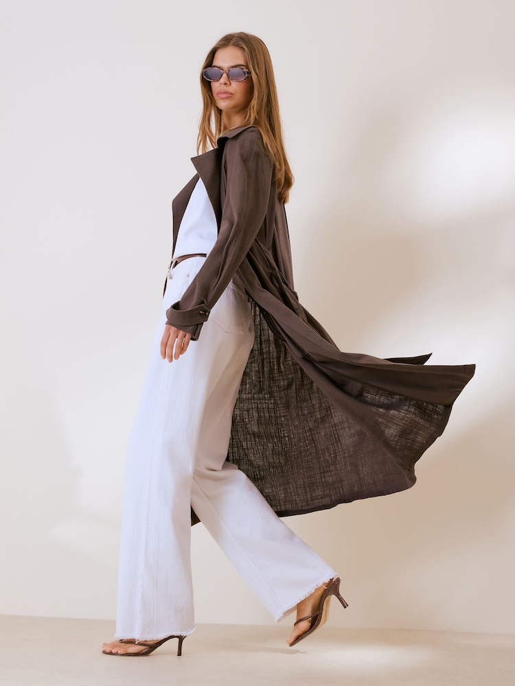 Friends Like These Chocolate Brown Lightweight Linen Blend Trench Coat - Image 2 of 5