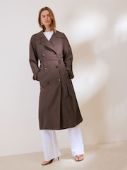 Friends Like These Chocolate Brown Lightweight Linen Blend Trench Coat - Image 4 of 5