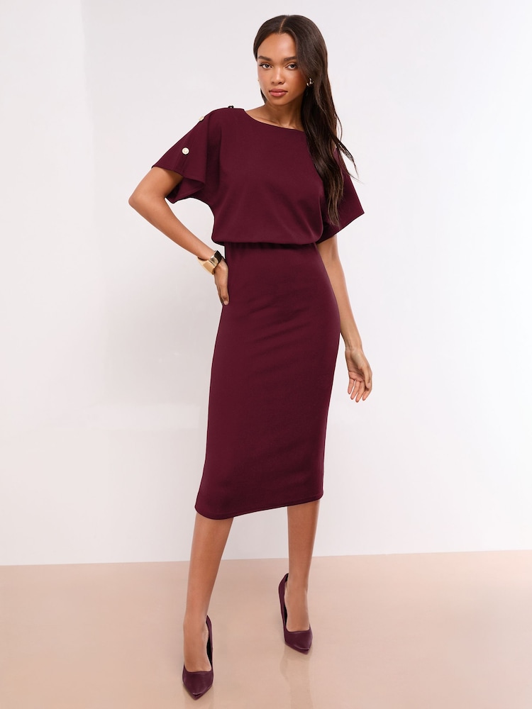 বারগান্ডি লাল - Lipsy Short Sleeve Blouson Midi Bodycon Dress - 4এর মধ্যে 1 ছবি