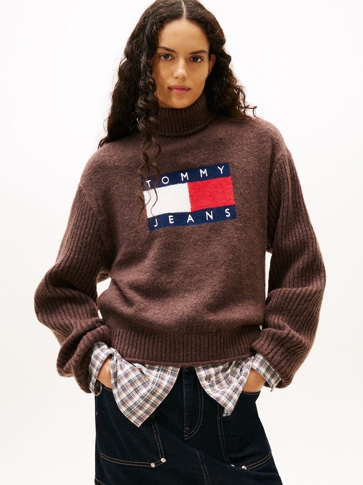 Tommy Jeans Brown Flag Intarsia Relaxed Turtleneck Jumper - Image 1 of 5 Tommy Jeans Brown Flag Intarsia Relaxed Turtleneck Jumper - Image 1 of 5
