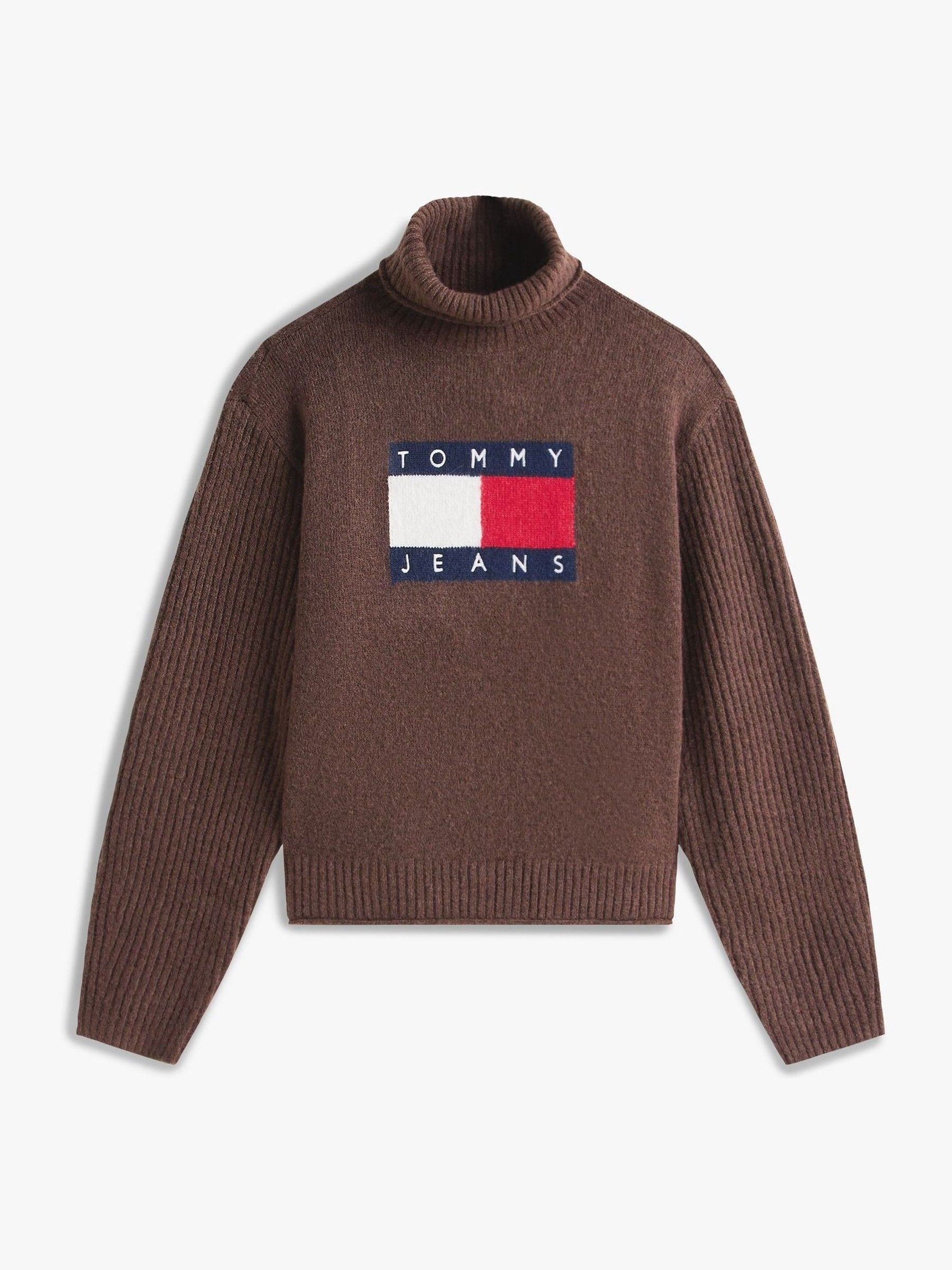 Buy Tommy Jeans Brown Flag Intarsia Relaxed Turtleneck Jumper from