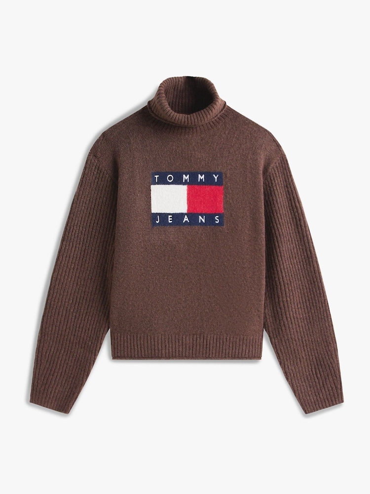 Tommy Jeans Brown Flag Intarsia Relaxed Turtleneck Jumper - Image 5 of 5 Tommy Jeans Brown Flag Intarsia Relaxed Turtleneck Jumper - Image 5 of 5