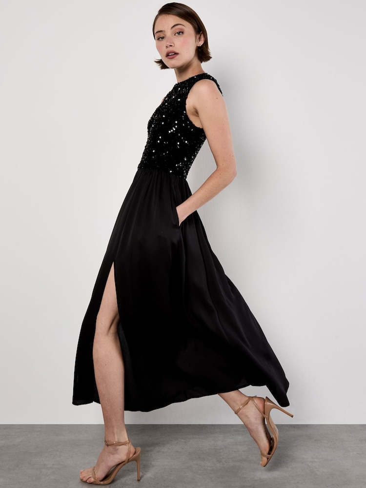 Apricot Black Sequin Velvet Bodice Satin Dress - Image 1 of 4 Apricot Black Sequin Velvet Bodice Satin Dress - Image 1 of 4
