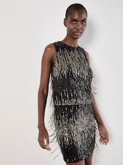 Apricot Black Sequin Stripe Fringe Skirt - Image 1 of 4