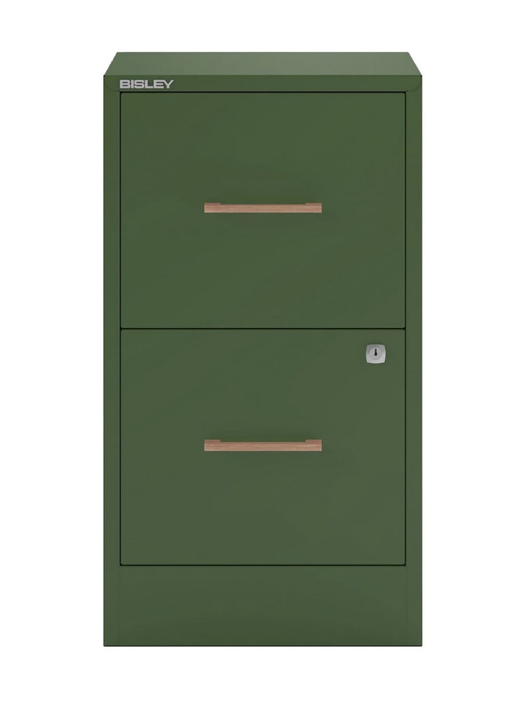 Bisley Olive Green Home Filer Filing Cabinet with Oak 2 Door Handles - Image 2 of 3 Bisley Olive Green Home Filer Filing Cabinet with Oak 2 Door Handles - Image 2 of 3