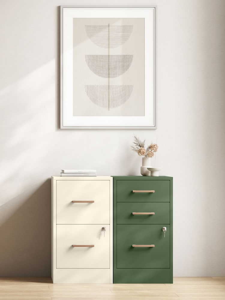 Bisley Olive Green Home Filer Filing Cabinet with Oak 3 Door Handles - Image 1 of 3 Bisley Olive Green Home Filer Filing Cabinet with Oak 3 Door Handles - Image 1 of 3