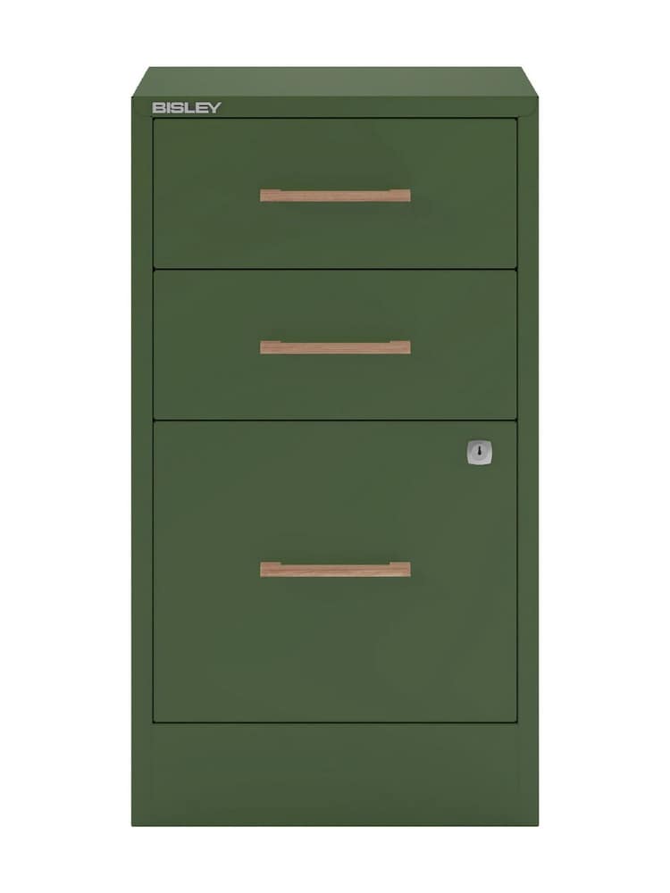 Bisley Olive Green Home Filer Filing Cabinet with Oak 3 Door Handles - Image 2 of 3 Bisley Olive Green Home Filer Filing Cabinet with Oak 3 Door Handles - Image 2 of 3