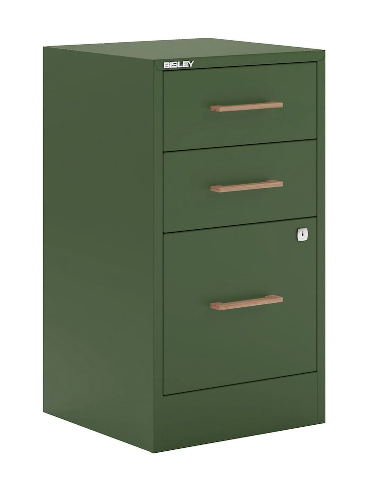 Bisley Olive Green Home Filer Filing Cabinet with Oak 3 Door Handles - Image 3 of 3 Bisley Olive Green Home Filer Filing Cabinet with Oak 3 Door Handles - Image 3 of 3