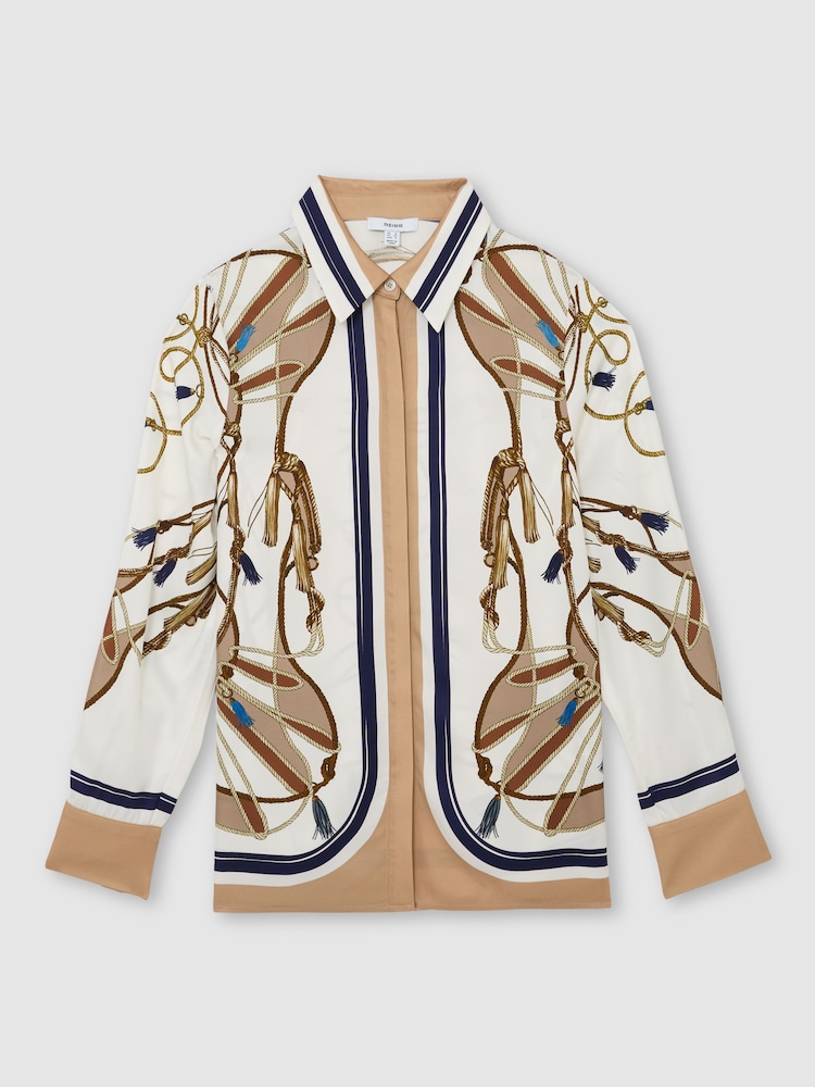 Reiss Ivory/Brown Ellis Foulard-Print Concealed-Placket Shirt - Image 2 of 6 Reiss Ivory/Brown Ellis Foulard-Print Concealed-Placket Shirt - Image 2 of 6