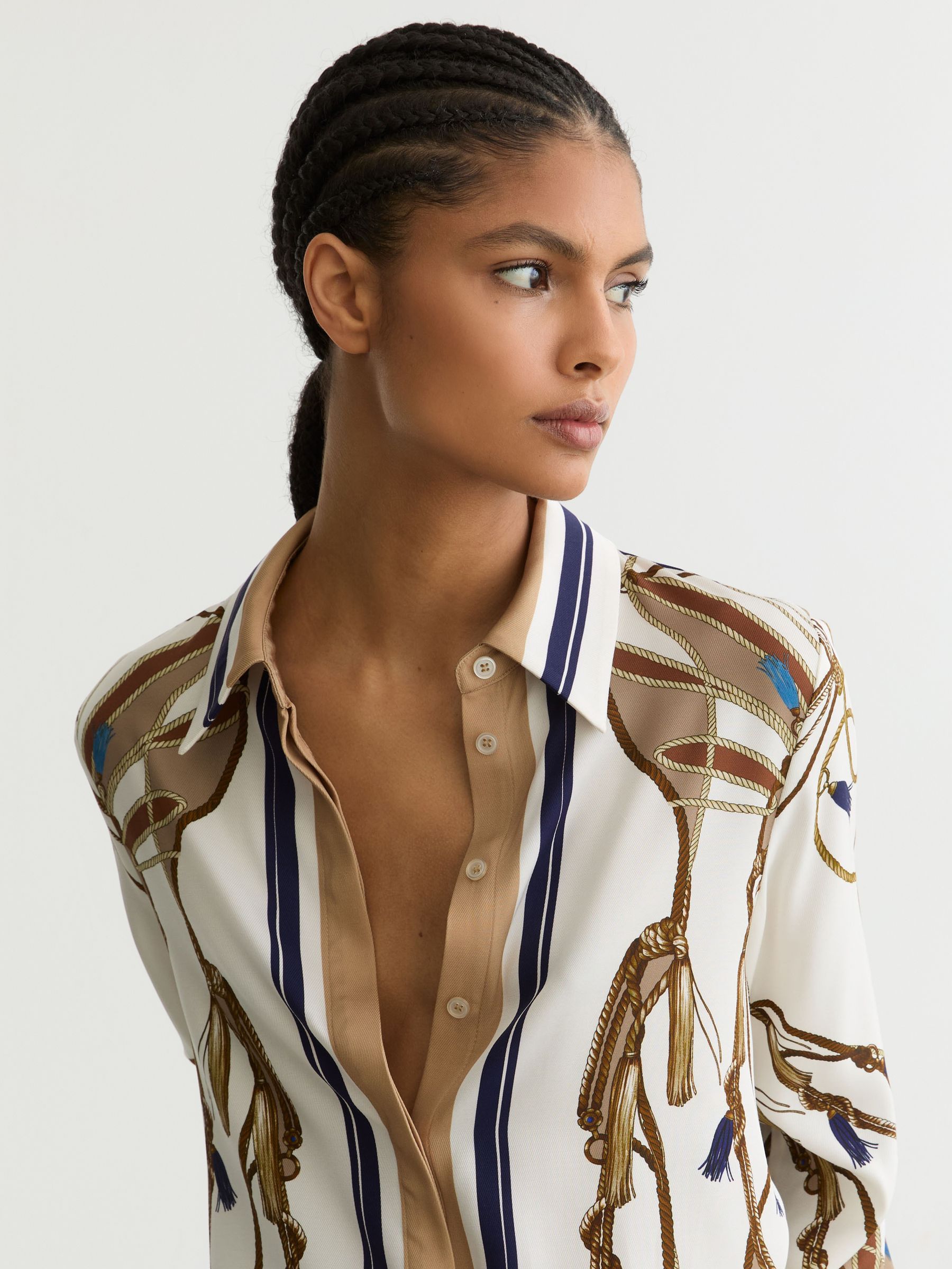 Buy Reiss Ivory/Brown Ellis Foulard-Print Concealed-Placket Shirt