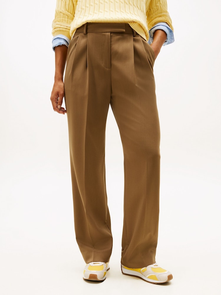 Tommy Hilfiger Brown Timeless Wool Blend Relaxed Straight Trousers - Image 1 of 5 Tommy Hilfiger Brown Timeless Wool Blend Relaxed Straight Trousers - Image 1 of 5
