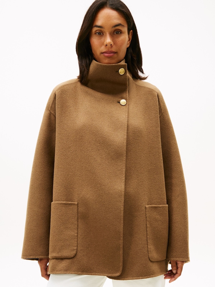 Tommy Hilfiger Brown Wool Blend Funnel Neck Oversized Coat - Image 1 of 6