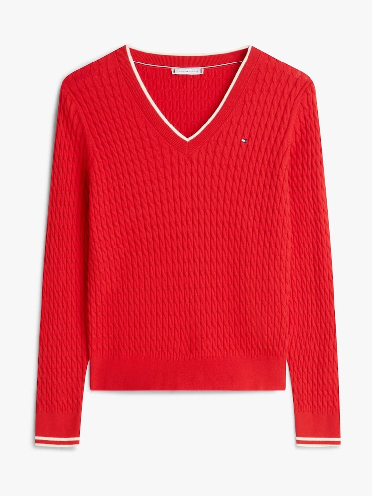 Tommy Hilfiger Red Cable Knit V-Neck Jumper - Image 5 of 5 Tommy Hilfiger Red Cable Knit V-Neck Jumper - Image 5 of 5