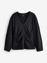 Black Long Sleeve Ruched Front V-Neck Blouse - Image 1 of 1