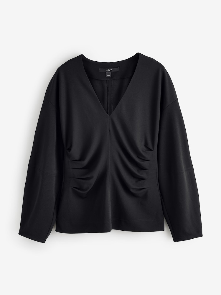 Black Long Sleeve Ruched Front V-Neck Blouse - Image 1 of 1
