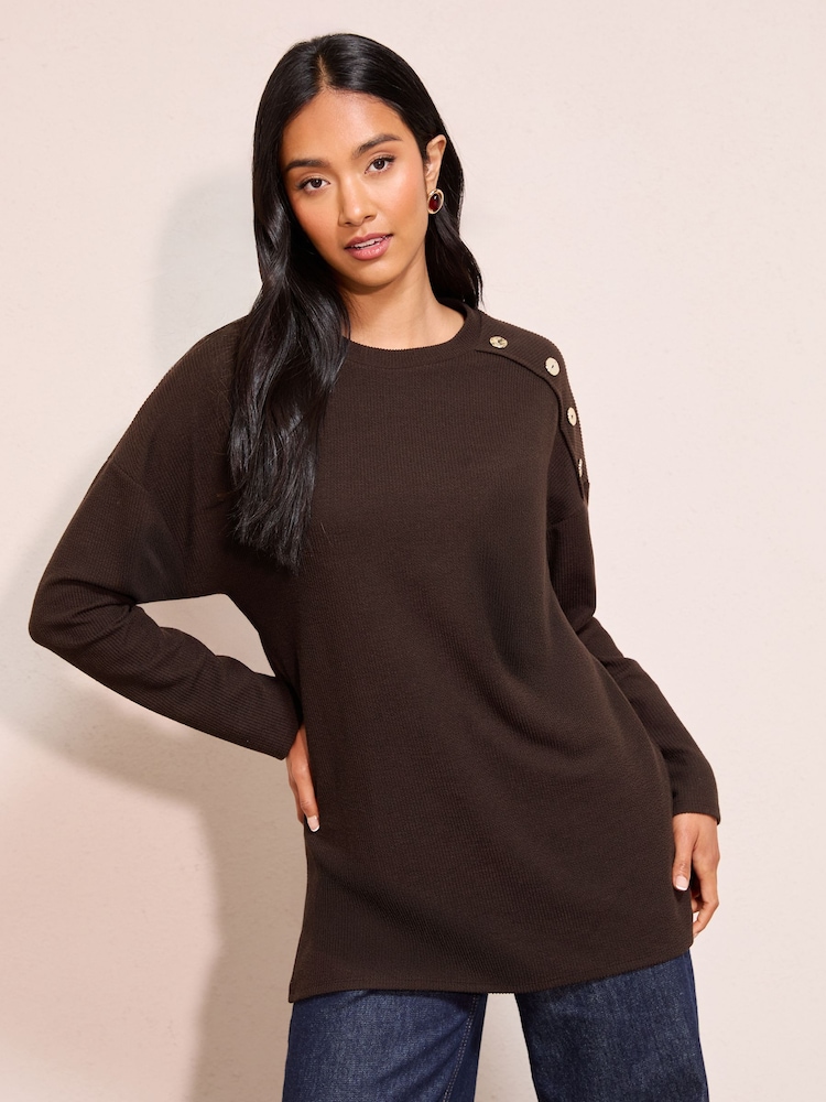 Friends Like These Chocolate Brown Button Detail Rib Tunic - Image 1 of 5
