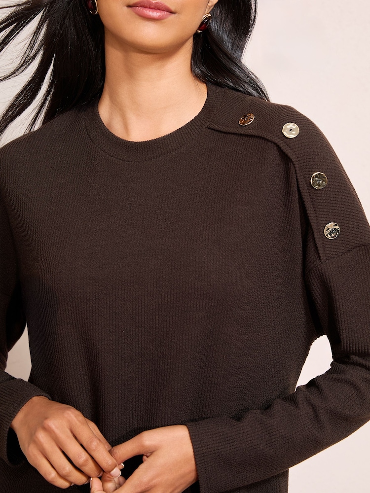 Friends Like These Chocolate Brown Button Detail Rib Tunic - Image 2 of 5