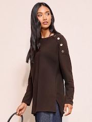 Friends Like These Chocolate Brown Button Detail Rib Tunic - Image 4 of 5