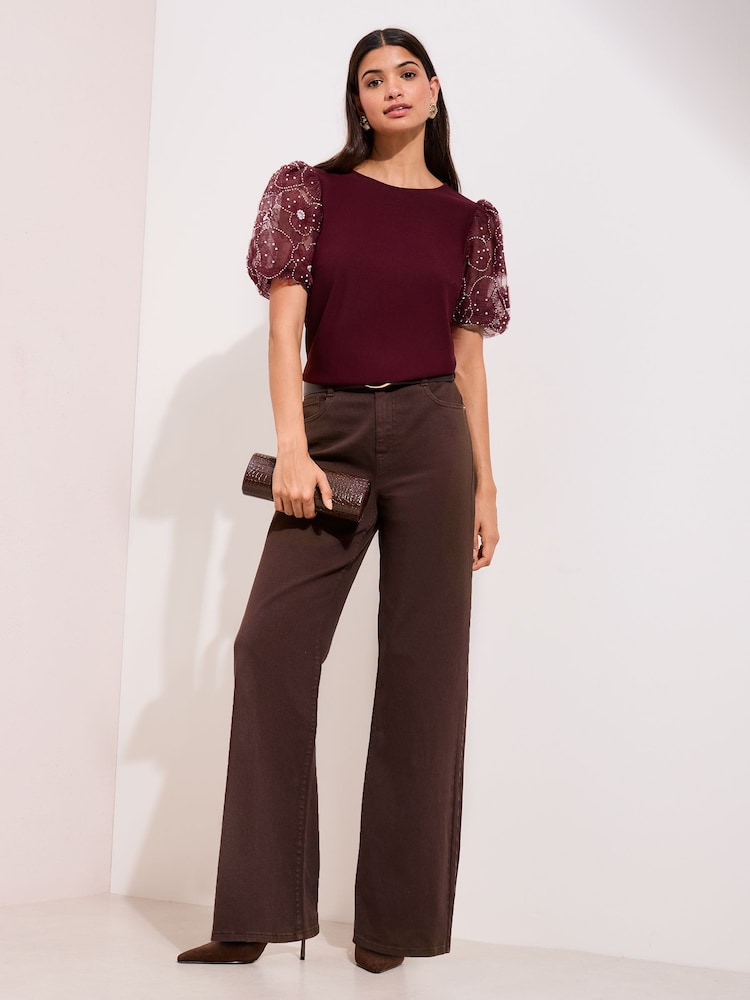 Friends Like These Burgundy Rose Detail Puff Sleeve Top - Image 2 of 5