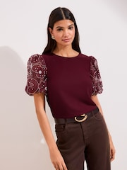 Friends Like These Burgundy Rose Detail Puff Sleeve Top - Image 4 of 5