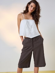 Chocolate Brown Linen Blend Pull On Knee Length Shorts - Image 1 of 10