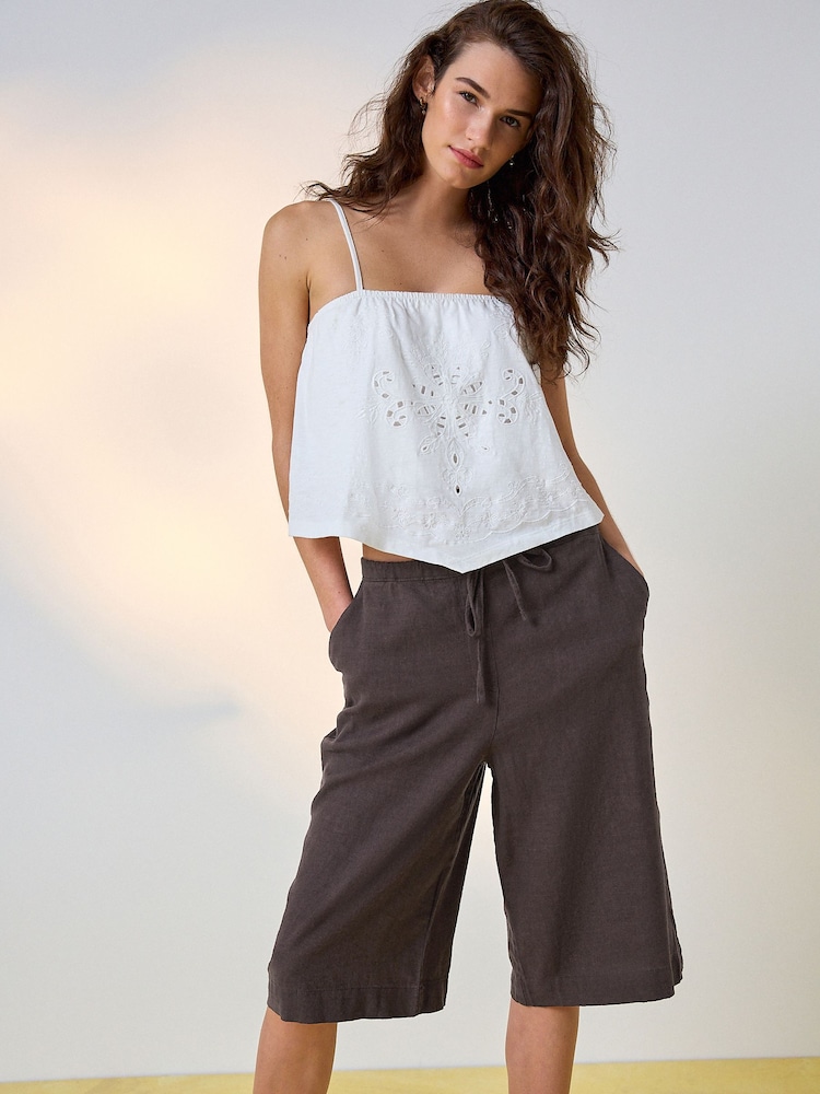 Chocolate Brown Linen Blend Pull On Knee Length Shorts - Image 1 of 10