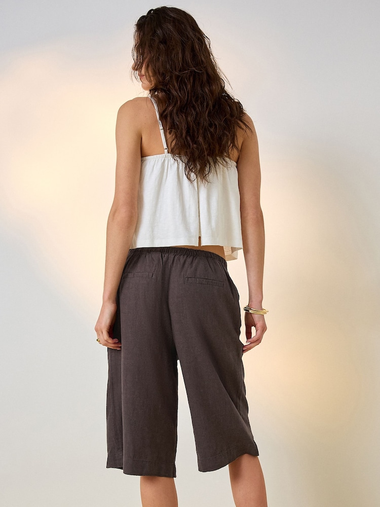 Chocolate Brown Linen Blend Pull On Knee Length Shorts - Image 2 of 10