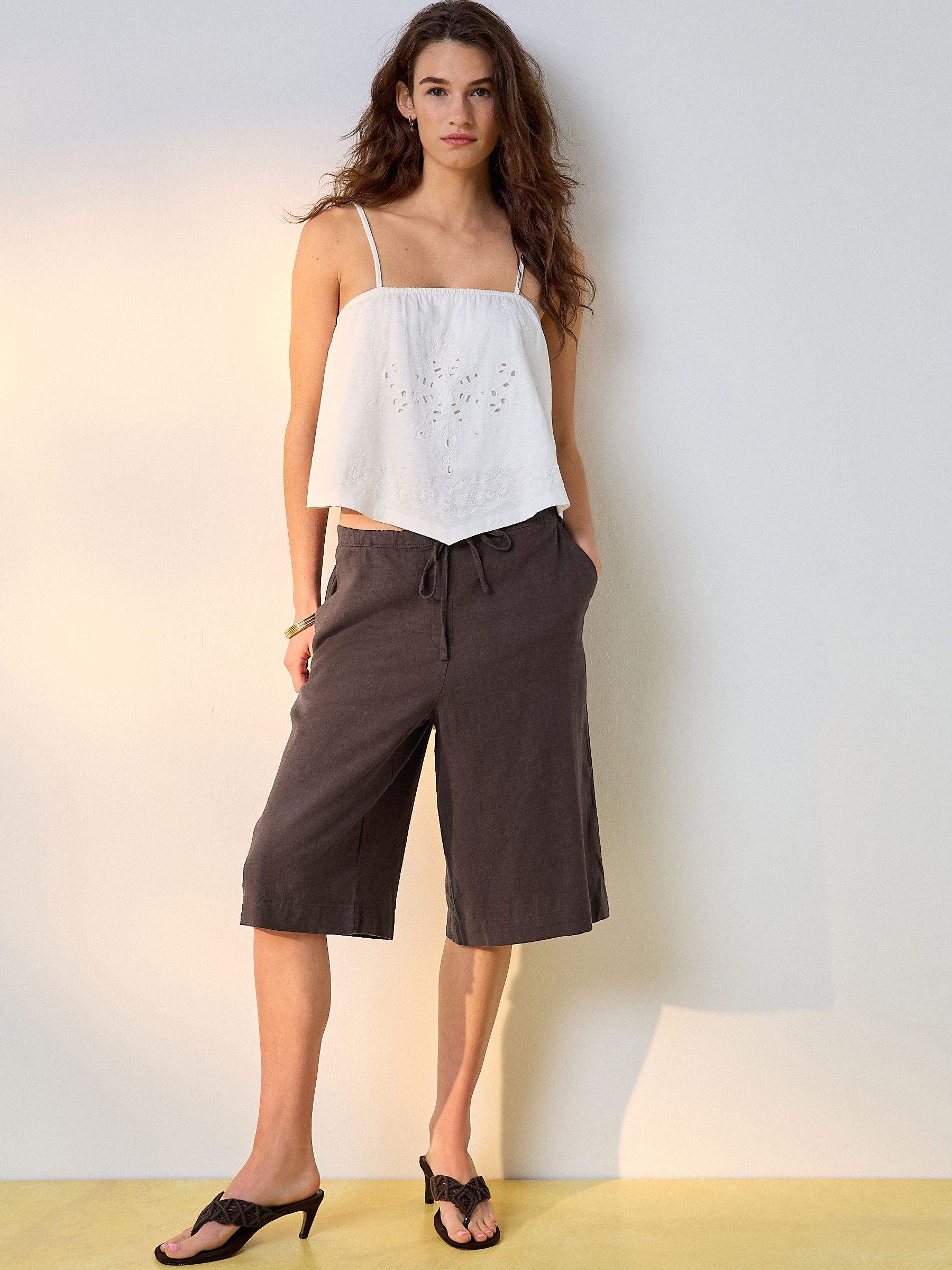 Buy Chocolate Brown Linen Blend Pull On Knee Length Shorts from