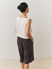 Chocolate Brown Linen Blend Pull On Knee Length Shorts - Image 3 of 10